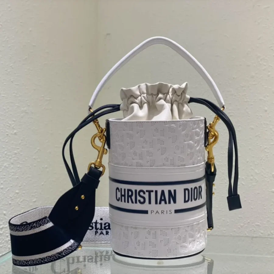White Cowhide Hollow Oblique Printed Bucket Bag Size 22cmx16cm